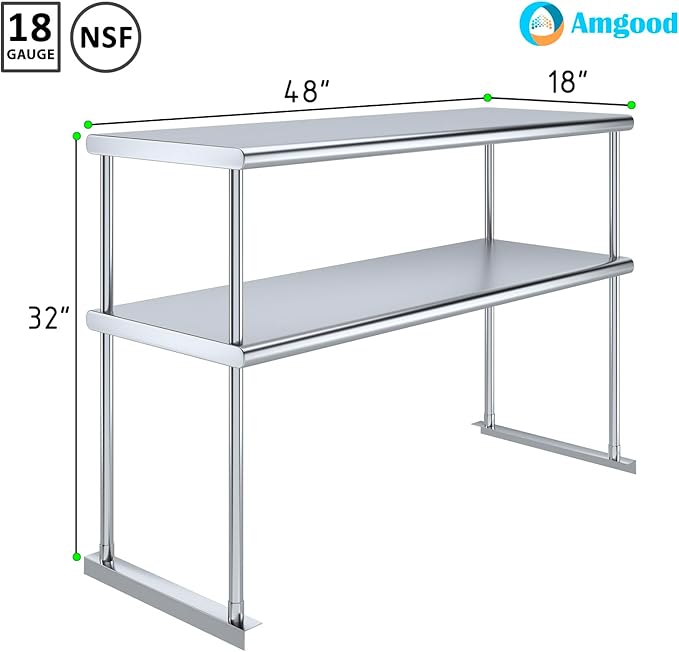 AmGood Stainless Steel Double-Tier Shelf | Work Table Overshelf | NSF Certified | Fits Over Tables | Many (48 in. Long x 18 in. Deep)-Ruum Studio Home