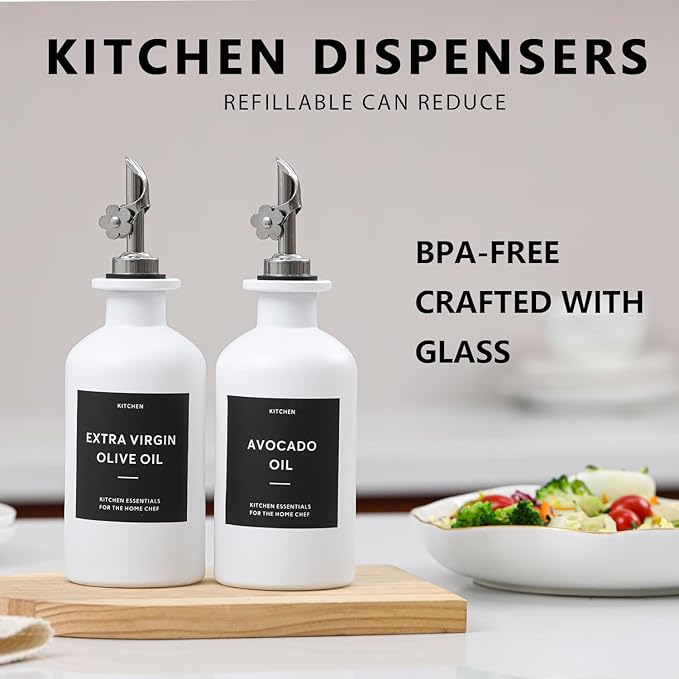 HOMCDALY Olive Oil Dispenser for Kitchen, 11.8oz Glass kitchen Dispenser Bottle, White Oil&Vinegar Cruet Set, Leakproof Oil Bottle for Cooking| Set of 2 (11.8oz – White)-Ruum Studio Home