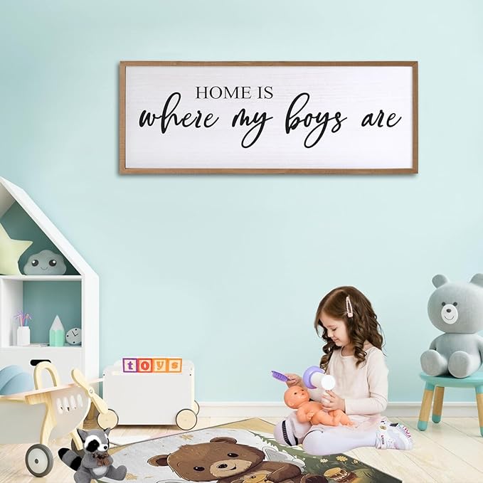 Home is Where My Boys are Sign Framed Wall Art, 40''×15'' Rustic Horizontal My Son Plaque with Natural Frame for Baby Kid Boy Son Teen Toddlers Room, Horizontal Mom of Boys Gifts Nursery Decor-Ruum Studio Home