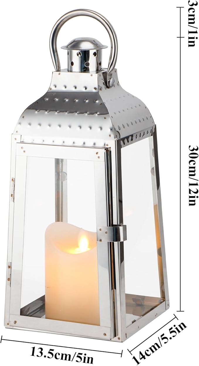 TRIROCKS Stainless Steel Candle Lanterns 12''H Decorative Candle Holders with Tempered Glass for Indoor Outdoor Porch Garden Parities and Wedding(Silver)-Ruum Studio Home
