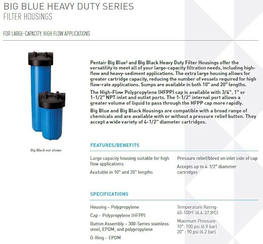 Pentair Pentek 150237 Big Blue Filter Housing, 1" NPT #10 Whole House Heavy Duty Water Filter Housing with High-Flow Polypropylene (HFPP) Cap and Pressure Relief Button, 10-Inch, Black/Blue-Ruum Studio Home