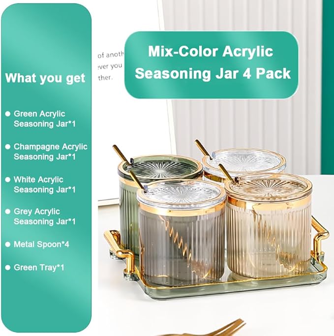 Acrylic Condiment Spice Jars,Condiment Spice Box With Lids and Spoons and Tray,Clear Plastic Condiment Canisters,Seasoning Box 4 Pack,Seasoning Box Set for Kitchen to Storage Salt,Paprika,Sugar-Ruum Studio Home