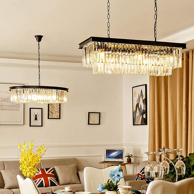 Modern K9 Crystal Chandelier Pendant Light Fixture, Rectangular Ceiling Lamp with 8-Lights for Dining Room & Kitchen, Finished in Chrome, L33.5 Inch-Ruum Studio Home