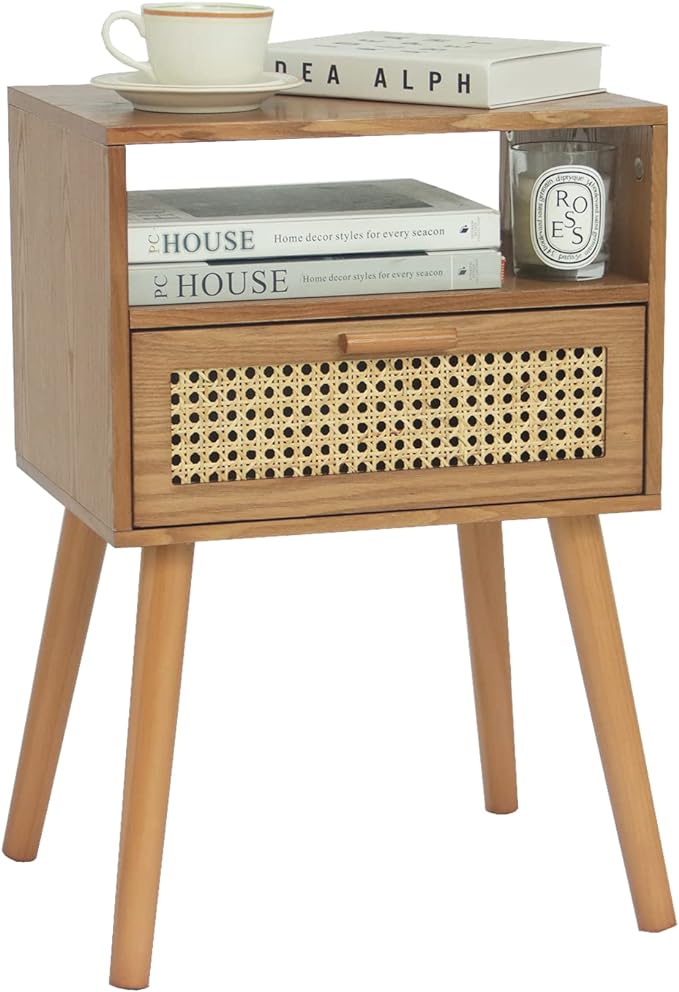 MaxSmeo Mid Century Modern Nightstand with Drawer, Small Nightstand Bedside Table, Rattan Nightstand, Wood End Table for Bedroom, Living Room (Brown)-Ruum Studio Home