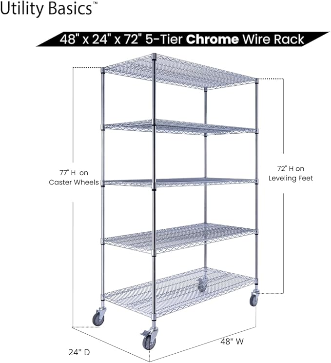 48"x24"x72" Chrome 5-Tier PREMIUM Wire Shelving NSF 4000 LBS MAX CAPACITY Heavy Duty Steel Storage Rack for Warehouses, Garages, Hospitals, Commercial Spaces, & Schools w/PREMIUM WHEELS-Ruum Studio Home