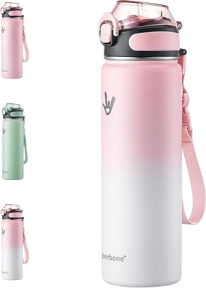 Enerbone 24 oz Insulated Water Bottle, Stainless Steel Bottle with Carrying Strap, Double-Wall Vacuum Insulation Design, Leakproof Sports Bottle with Straw, Keep Drinks Cold or Hot for Hours-Ruum Studio Home
