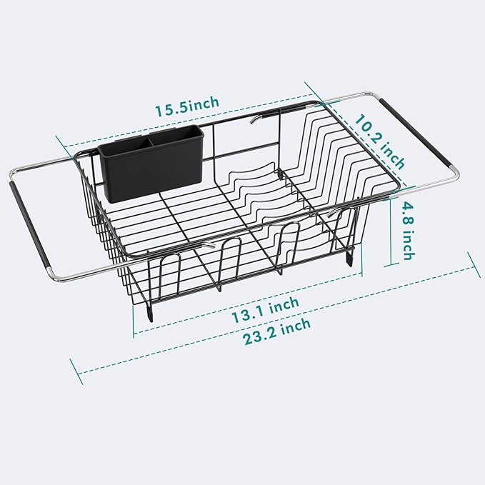 Dish Drying Rack in Sink, Over The Sink Colander Strainer Basket, Stainless Steel Strainer Basket with Expandable Rubber Grip Handles for Vegetables, Fruits, Home Kitchen Essentials, Black-Ruum Studio Home