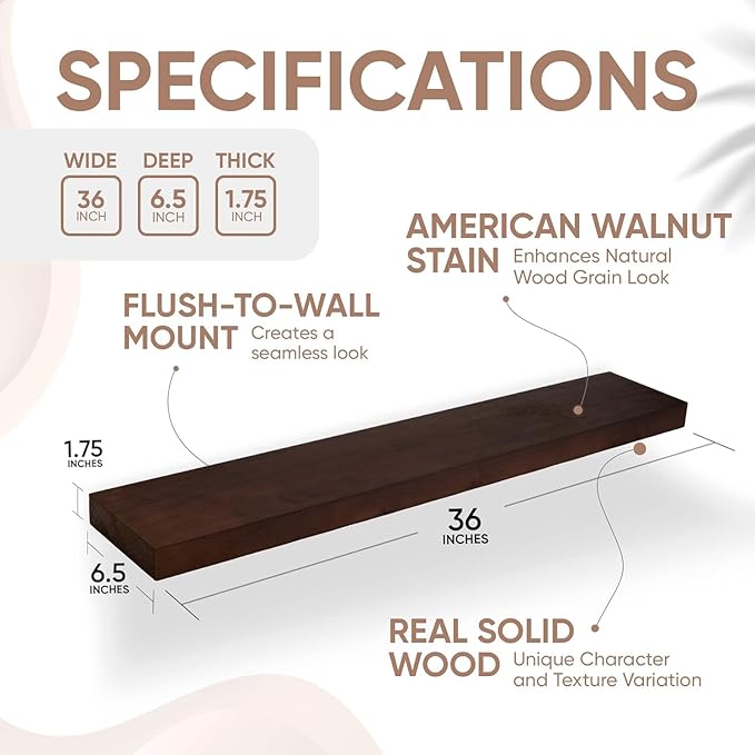 Homeforia Walnut 36 inch Floating Shelf, High End Solid Real Wood 36inch Large Shelves for Bathroom Wall, Dark Brown 36 inches Long Floating Shelves, Heavy Duty Bracket, 36 X 6.5 X 1.75 inch, Set of 2-Ruum Studio Home