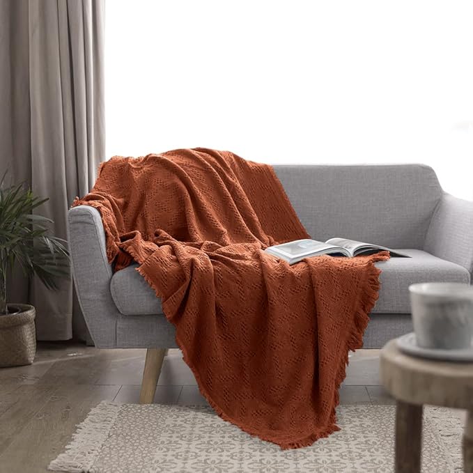 Simple&Opulence 100% Cotton Throw Blanket for Bed, Couch, Boho Luxury Geometric Woven Blanket with Tassels Soft Lightweight Cozy Breathable, Vintage Farmhouse Decoration for All-Season(Rust Orange)-Ruum Studio Home