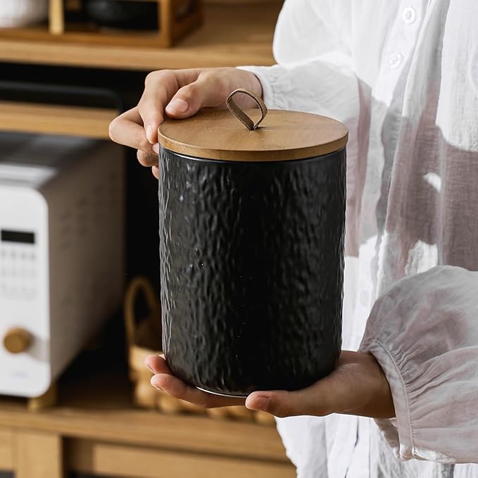 Black White Ceramic Coffee Canister Tea Canister with Seal Wood Lid, Airtight Coffee Storage Container for Coffee Bean, Ground Coffee, Sugar, Cookie Candy jar (Black, 800ml)-Ruum Studio Home