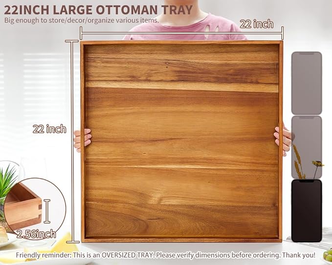 Extra Large Square Wood Tray, Generously 22" Acacia Serving Trays for Large Ottoman Coffee Table, Giant Square Shape Sofa Tray with Handles, Kitchen Organizer Storage Trays Huge Counter Serveware-Ruum Studio Home