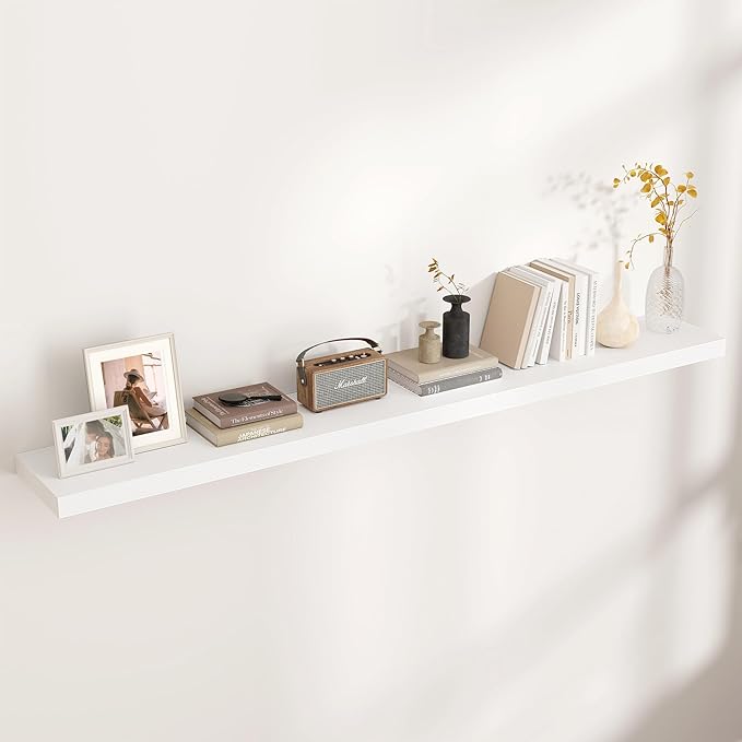 Floating Shelves for Wall, Large Wall Mounted Shelves with Invisible Brackets, Long Wood Floating Shelf for Living Room, Bedroom, Kitchen, (White, 72" W x 9" D x 1.5" H)-Ruum Studio Home