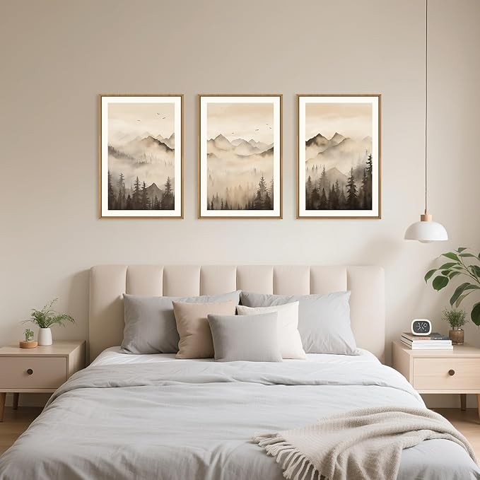 Celestdeco Nature Misty Forest Framed Canvas Wall Art Set, Foggy Landscape Wall Decor, Watercolor Pine Tree Wall Painting, Large Mountains Art Print for Living Room, Bedroom, Office - 16"X24"X3-Ruum Studio Home