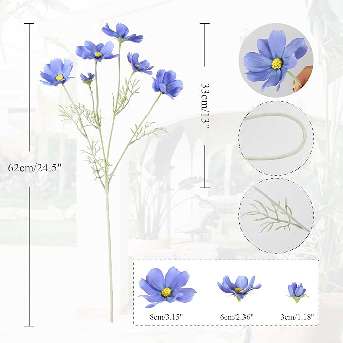 IPOPU Blue Flowers Artificial Cosmos 5PCS Fake Blue Wildflowers 24.5" Fake Daisies for Home Decor Indoor Faux Wild Flowers for Floral Arrangements Wedding Centerpiece-Ruum Studio Home