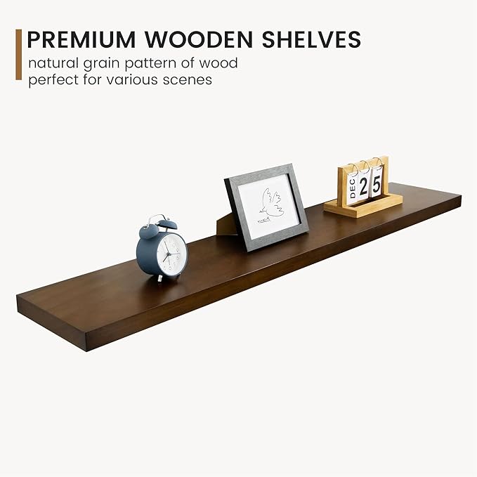 48 Inch Fireplace Mantel - 8 Inch Deep Rustic Premium Solid Pine Wood Floating Shelf - Farmhouse Wall Mounted Display Shelf - Heavy-Duty Metal Bracket - 48"W x 8"D - Set of 1 - American Walnut Color-Ruum Studio Home