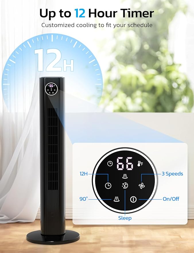 ZAFRO Tower Fan for Bedroom, 90° Oscillating Fan with 12H Timer, 37”Standing Fans with Remote, Bladeless Fan with 4 Modes & 3 Speeds, Black-Ruum Studio Home