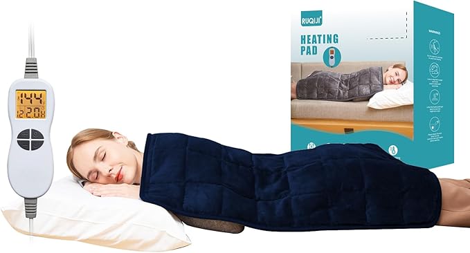 Ruqiji 17''x33'' Weighted Heating Pad, 5.2lbs with 12 Temperature Settings& Countdown Display, Pain Relief for Back/Neck/Shoulders/Abdomen/Legs, Birthday Gifts for Mom Dad Women Men (Navy Blue)-Ruum Studio Home