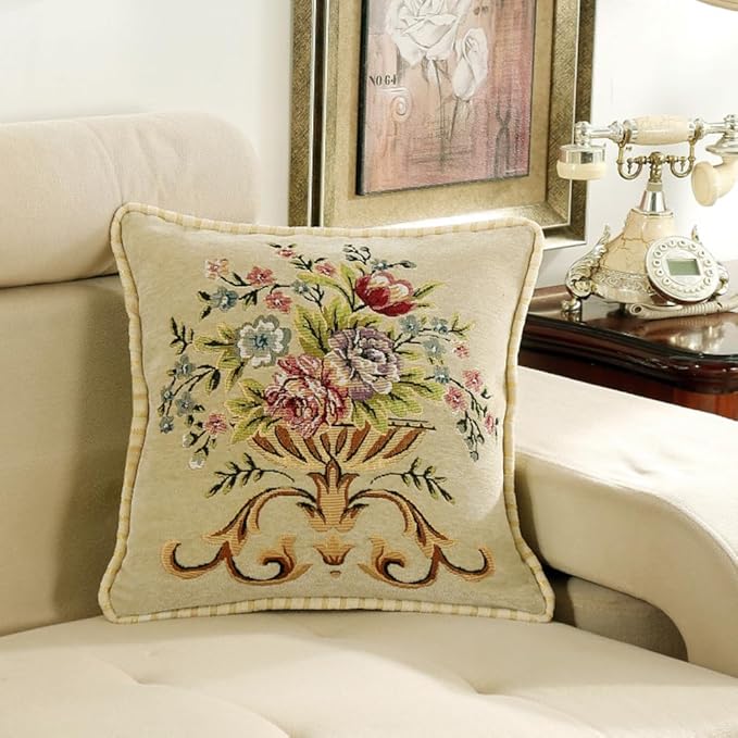 Set of 2 Beige Vintage Throw Pillows Covers 18x18in，Floral Embroidered Cushion Cover for Sofa Bedroom，Euro Sham Covers Retro Home Decor Pillows Covers-Ruum Studio Home