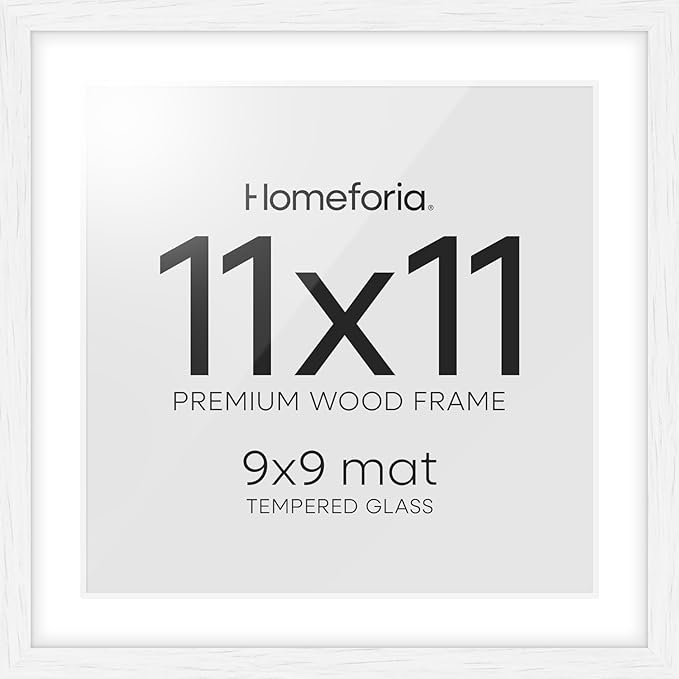 Homeforia 11x11 Picture Frame White, High-End Oak 11 x 11 Square Wooden Frames with Mat 9 by 9 inch Photo, 11by11 Wood Frame Matted to 9x9 Print, Wall Hanging Frame, Tempered Glass, Wall Kit, Set of 1-Ruum Studio Home