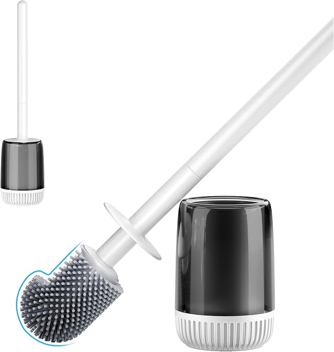 Silicone Toilet Brush and Holder Set with L-Shaped Brush Head, Wall Mounted Toilet Brush Set with Long Non-Slip Handles, Compact Toilet Bowl Cleaner Brush Suitable for RV Trailers & Bathroom (1 Pack)-Ruum Studio Home