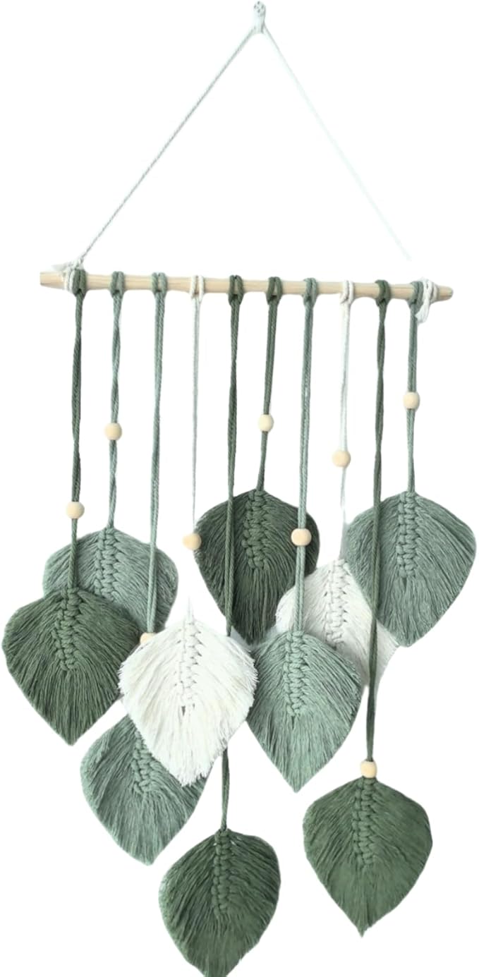 Madiffcult Macrame Wall Hanging Boho Wall Decor Woven Feather Wall Art Handmade Macrame Leaf Tapestry with Wooden Beads for Bedroom Living Room Nursery 16x27 Inch (Green)-Ruum Studio Home