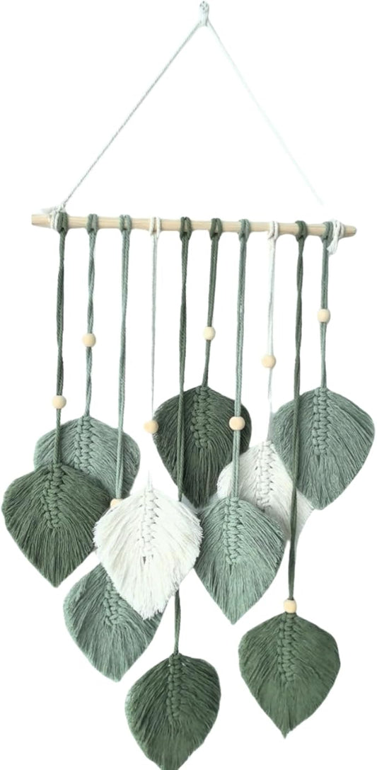 Madiffcult Macrame Wall Hanging Boho Wall Decor Woven Feather Wall Art Handmade Macrame Leaf Tapestry with Wooden Beads for Bedroom Living Room Nursery 16x27 Inch (Green)-Ruum Studio Home