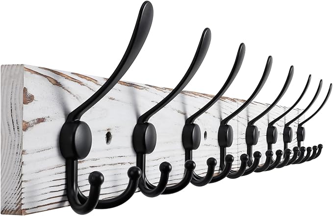 32.2'' Large Coat Rack Wall Mount Coat Hooks with 8 Metal Black Triple-Hooks Old White Pine Real Wood Plank Hat Rack for Wall Hooks-Ruum Studio Home