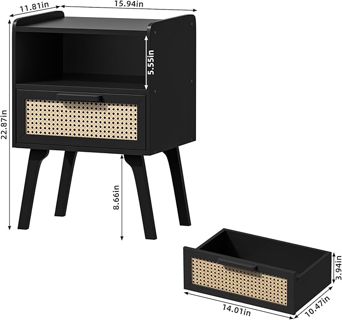 Lerliuo Rattan Nightstand, Bedside Table with Drawer Open Shelf, Cane Accent Side End Table with Solid Wood Legs, Black Mid Century Night Stand for Bedroom, Dorm and Small Spaces-Ruum Studio Home