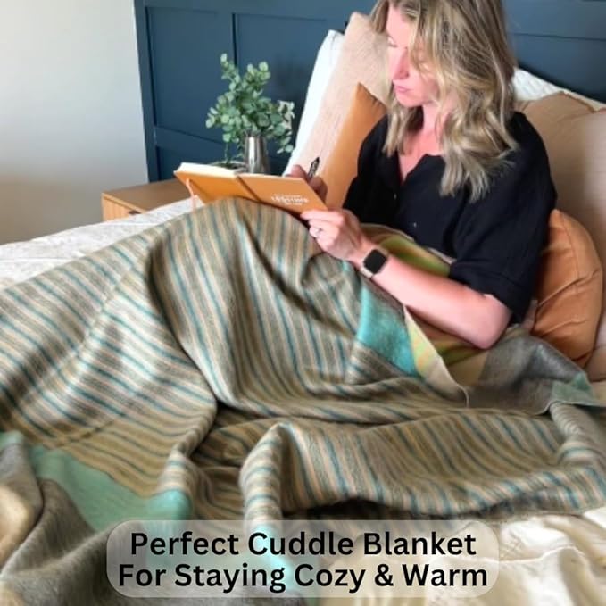 Alpaca Wool Throw Blanket | Super Soft, Lightweight, Breathable and Hypoallergenic | Non-Itchy or Scratchy (Green Gray Varicolored, Queen (U.S. Standard))-Ruum Studio Home
