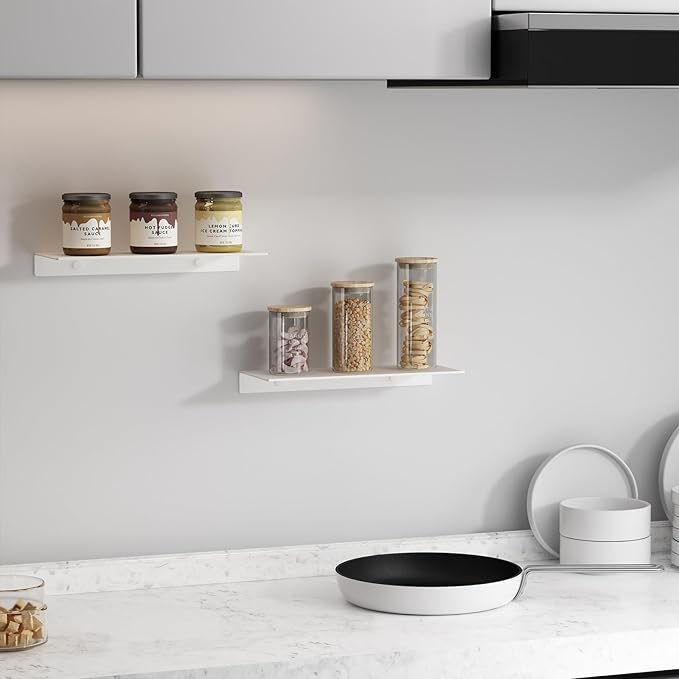 JOOM White Floating Shelves for Wall Storage, Metal Wall Shelves for Living Room, Bathroom, Kitchen, 12” Small Display Shelves for Collectibles(2 PCS)-Ruum Studio Home