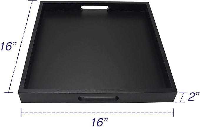 Square Wood Serving Tray with Handle, Ottoman Decorative for Home, 16x16 inches Black-Ruum Studio Home