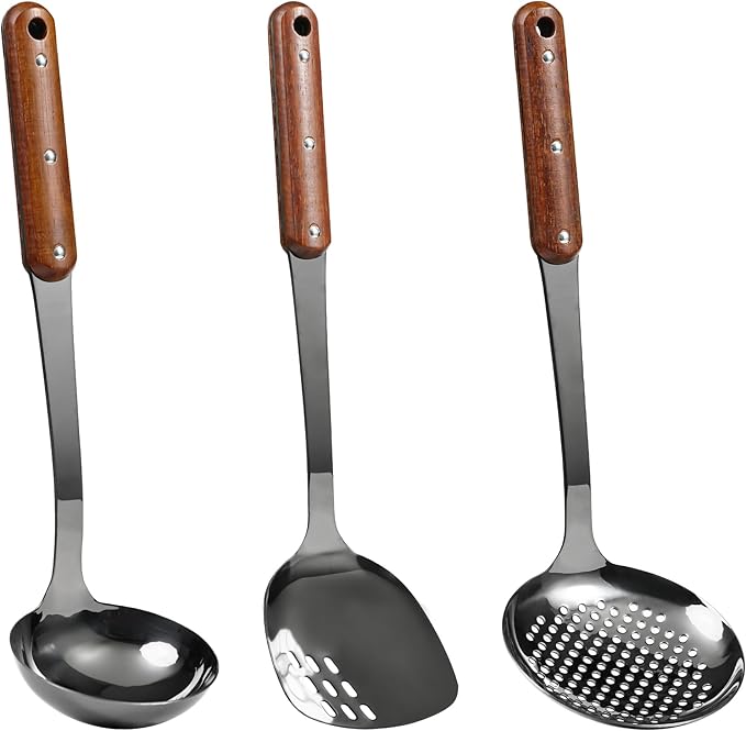 FJNATINH Stainless Steel Wok Spatula,Ladle,Skimmer Ladle Tool Set,Mirror Polished Cooking Utensils with Wooden Handle,Easy to Clean Wok Accessories,Black 3 PCS-Ruum Studio Home