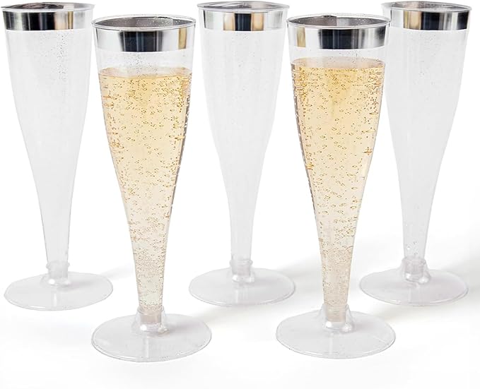 Prestee Set of 24 Silver Glitter Plastic Champagne Flutes - 4.5 oz Capacity - Shatterproof Durable Disposable Glasses - Elegant Design - Ideal for Weddings, Cocktail Parties, and Outdoor Celebrations-Ruum Studio Home