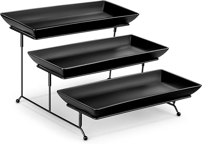MALACASA 3 Tier Serving Trays for Party, Stoneware Serving Platters and Trays, 14 Inch Tiered Tray Stand, Fruit Tray, Trays for Serving Food, Black Dessert Stand with Collapsible Sturdier Metal Rack-Ruum Studio Home