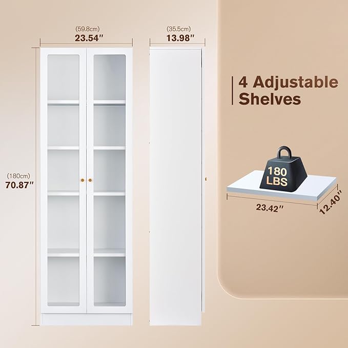 5 Tier Metal Curio Cabinets, Modern Bookshelf Cabinet with 4 Adjustable Shelves, Cabinet Display Case for Home Office, Living Room, Pantry (White-23.54W)-Ruum Studio Home
