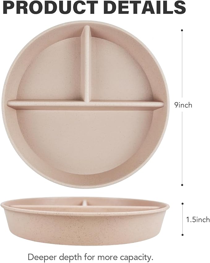 greenandlife 9 Inch 4PCS Portion Control Plates with Lids, Divided Plates for Kids Adults, Dishwasher Microwave Safe Compartment Plate, Unbreakable Lightweight Reusable Wheat Straw Plate, Earth Tone-Ruum Studio Home