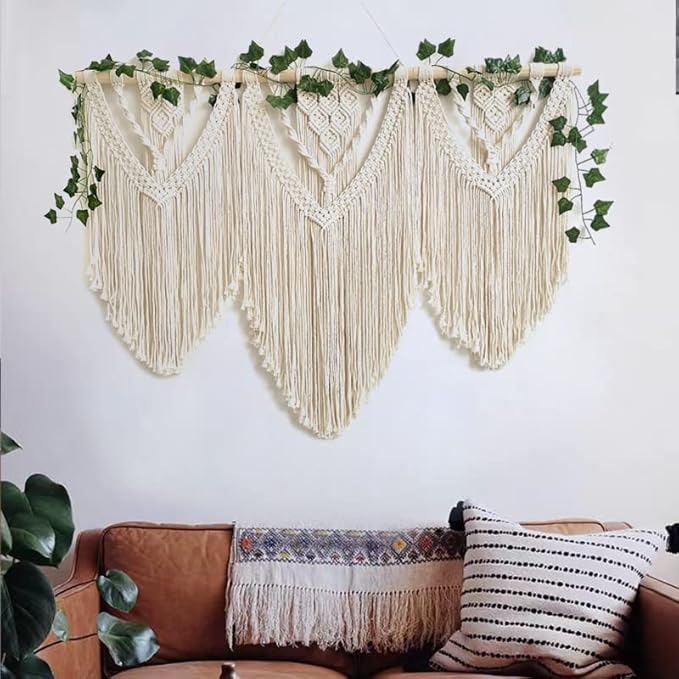 guzhiou large macrame wall hanging - Boho Tapestry Macrame Wall Decor Art- Chic Bohemian Handmade Woven Tapestry Home Decoration for Bedroom Living Room Apartment Wedding Party - 43"x32" (with Ivy)-Ruum Studio Home