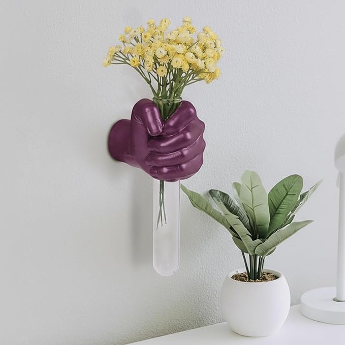 Creative Wall Hanging Sculpture, Artistic Wall Hanging Hand Sculpture with Test Tube vases, Home Decoration Hand Against Wall (Purple)-Ruum Studio Home