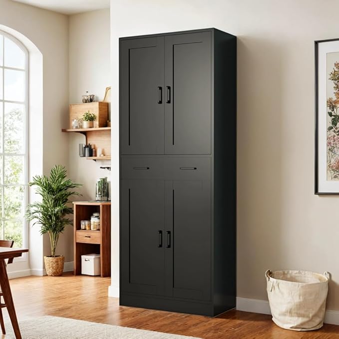 Black Kitchen Pantry, 71" Tall Storage Cabinet with Doors and Drawer for Kitchen, Hallway, Office-Ruum Studio Home