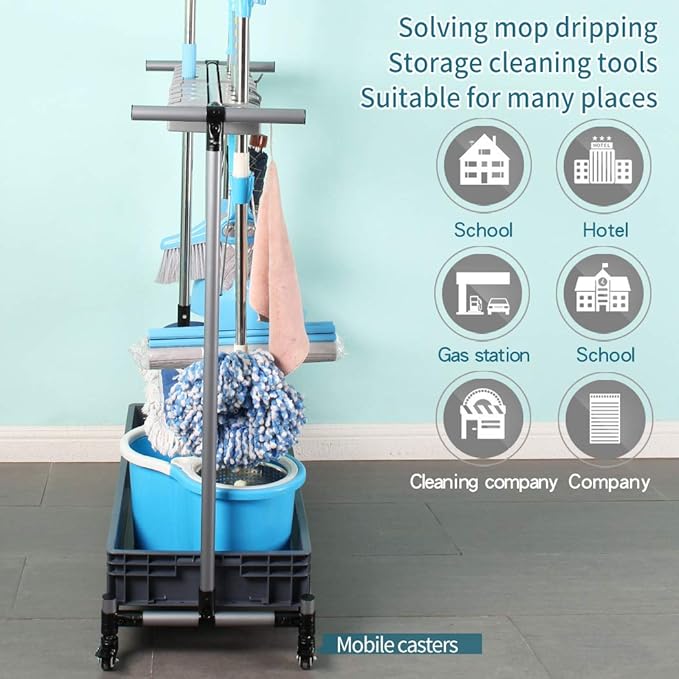 broom and mop holder put wet mops movable Commercial mop rack cleaning tool cart storage for garden garage organizer mop drain rack-Ruum Studio Home