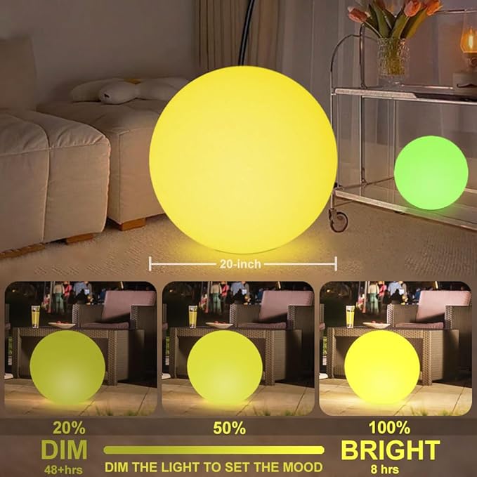 Large LED Glowing Ball Light, 20-in Outdoor LED Garden Orb Lights, Rechargeable Globe Lights RGB Color Changing Globe Floor Lamp Mood Lamp w/Remote, Waterproof Light Up Ball Light for Patio Lawn Decor-Ruum Studio Home