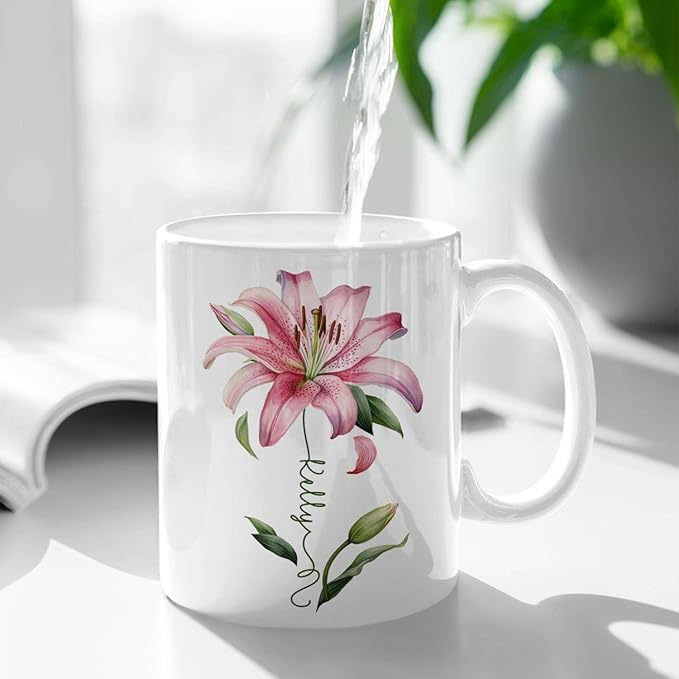 Customized Lily Flower Accent Cup, Novelty Flower Design Mug 11oz 15oz, Personalized Name Lily Lover Ceramic Cup, Custom Flower Decorative Mug, Unique Coffee Cup For Girl-Ruum Studio Home