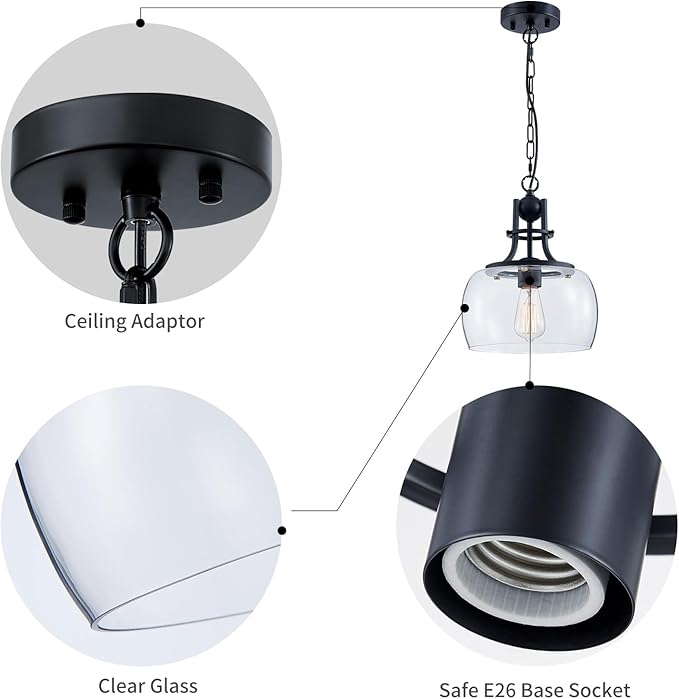 WUZUPS Chandelier Rustic Farmhouse Industrial Round Ceiling Pendant LED Light Fixture with Clear Glass Shades for Dining Room Kitchen Island Foyer Entryway, H 13" x W 10", E26 Base, Black-Ruum Studio Home