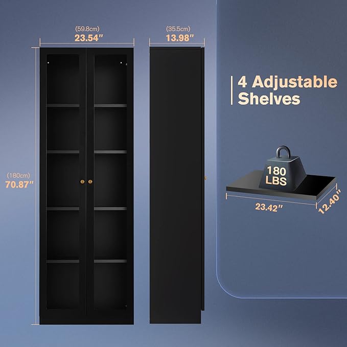 5 Tier Metal Curio Cabinets, 71" Tall Modern Bookshelf Cabinet with 4 Adjustable Shelves, Cabinet Display Case for Home Office, Living Room, Pantry, Assemble Required, Black-Ruum Studio Home