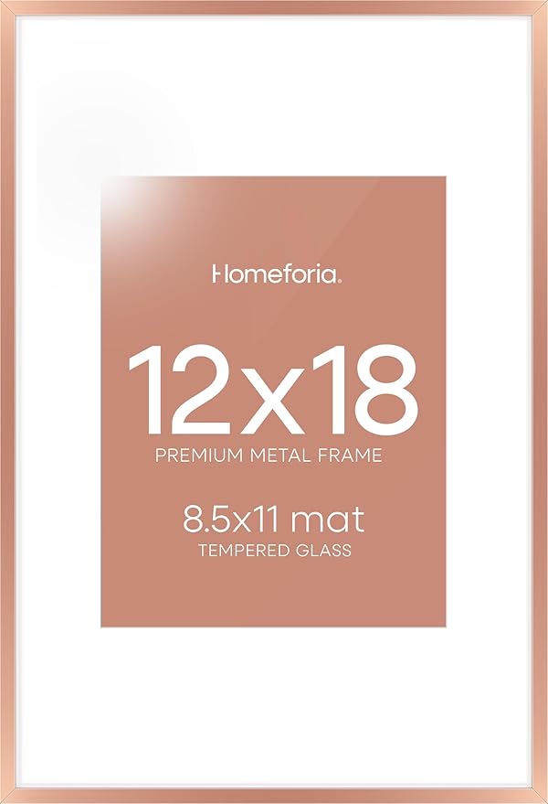 Homeforia 12x18 Picture Frame Rose Gold, High End Metal 12x18 Poster Frames with Mat 8.5x11 in Photo, 12 x 18 Rose Gold Frame Matted to 8.5 by 11 Print, 18x12 Frame, Tempered Glass, Wall Kit, Set of 1-Ruum Studio Home