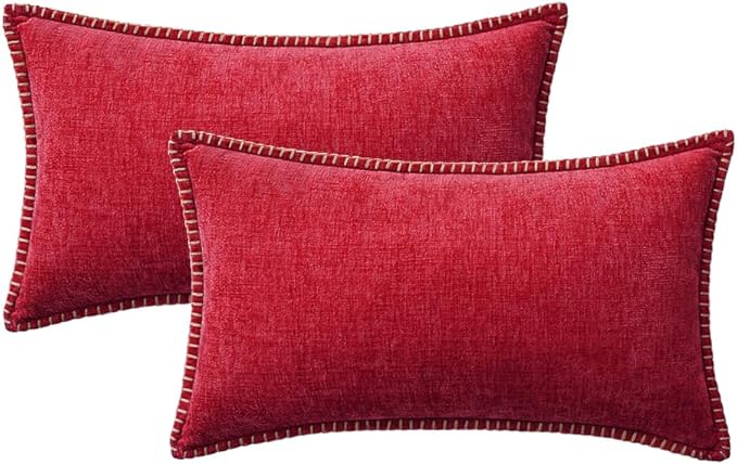 MIULEE Pack of 2 Christmas Pillow Covers 12x20 Inch Red Farmhouse Decorative Throw Pillow Covers with Stitched Edge Soft Chenille Solid Dyed Couch Pillow Covers for Sofa Bed Living Room-Ruum Studio Home