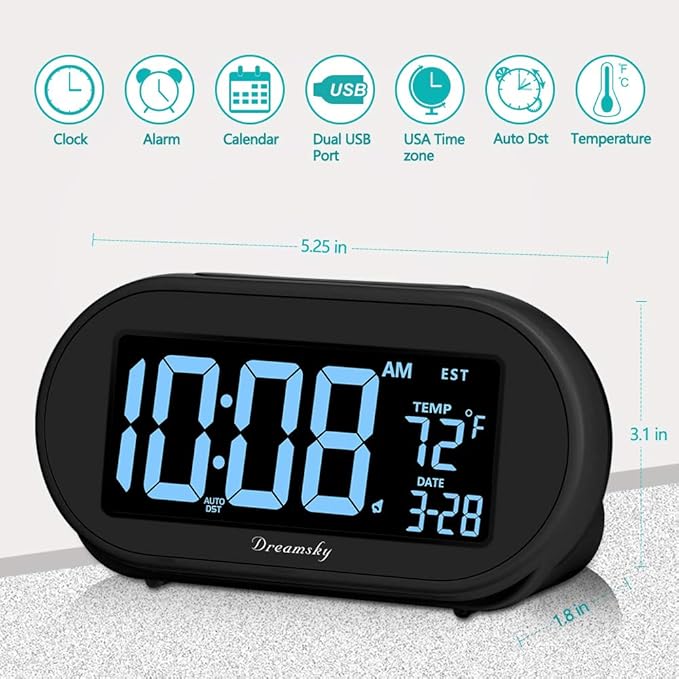 DreamSky Alarm Clocks for Bedrooms, Auto Set Digital Desk Clock for Bedside Nightstand, Electric Clock with Dimmable Brightness Dimmer, Auto DST, USB Port, Date, Temperature, Snooze-Ruum Studio Home