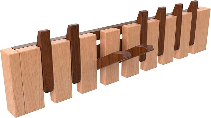 Wall Mounted Piano Key Hanger | Flip Style Hook | Entrance Wall Art Hook, Made of Oak Wood (3 Times Painted, 4 Times Polished) (Walnut-Beech, 8Hooks)-Ruum Studio Home