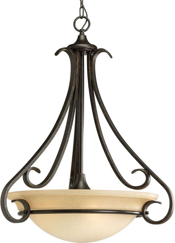 Progress Lighting 3-Light Tea Stained Glass Transitional Inverted Pendant Light, Torino Collection, Indoor, P3847-77, Forged Bronze-Ruum Studio Home