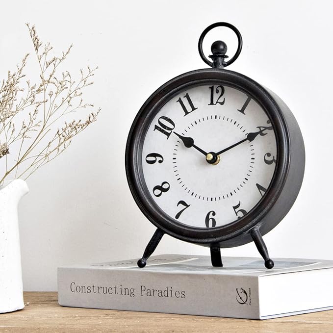 Vintage Black Table Clock on Stand, Decorative Desk and Shelf Clock, Rustic Mantel Clock Farmhouse Clock Non-Ticking-Ruum Studio Home